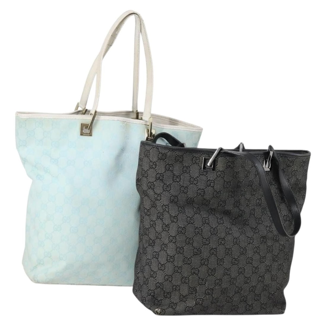 GUCCI GG Canvas Tote Bag Set Light Blue Black Authentic: GUCCI GG Canvas Tote Bag Set Light Blue Black Authentic This GUCCI GG Canvas Tote Bag set features a stylish light blue and black color combination, crafted in Italy from high-quality GG Canvas. The t