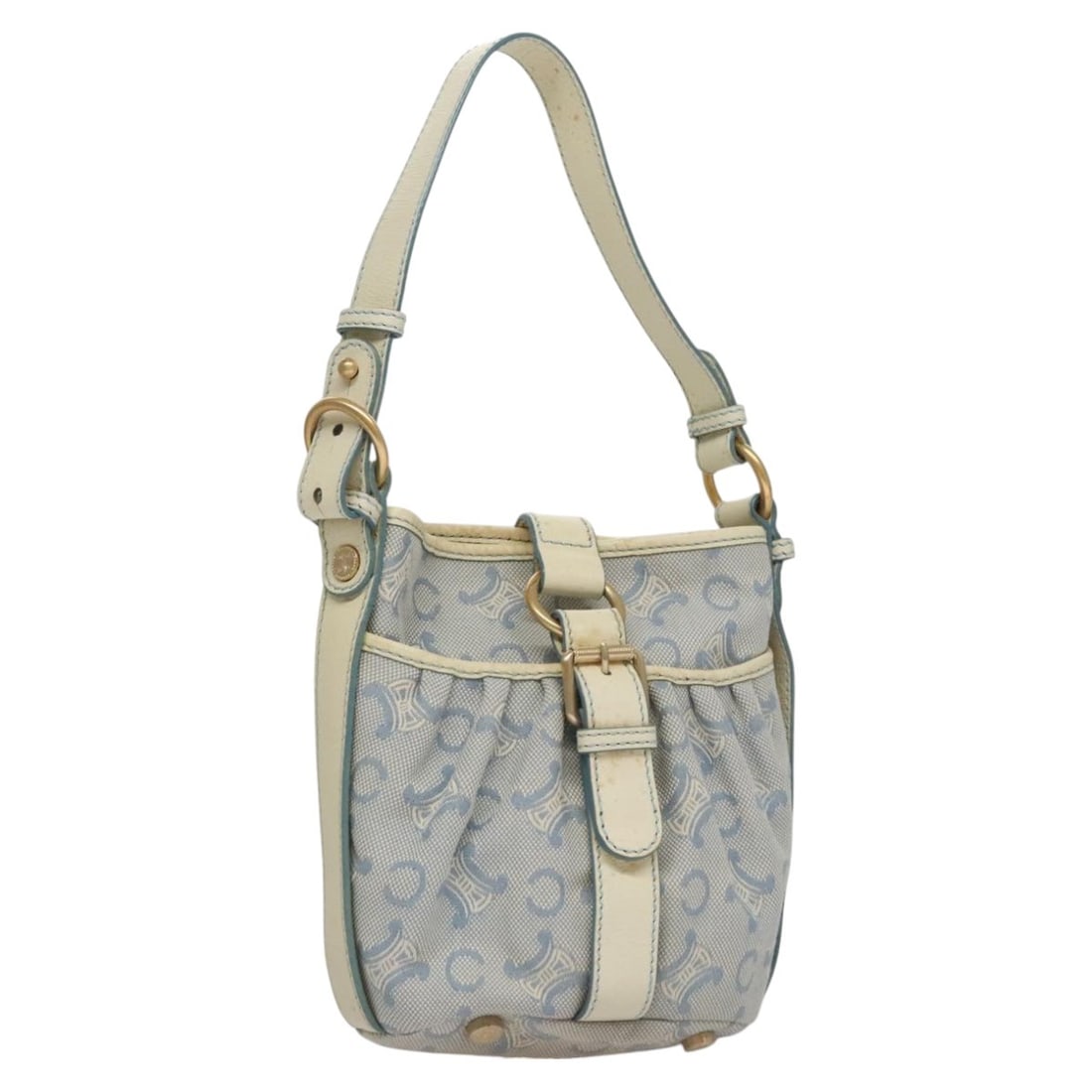 Celine C Macadam Light Blue Canvas Shoulder Bag with Guarantee Card: Celine C Macadam Light Blue Canvas Shoulder Bag with Guarantee Card This is a Celine C Macadam canvas shoulder bag in light blue, designed for women. The bag features a structured silhouette with a sh