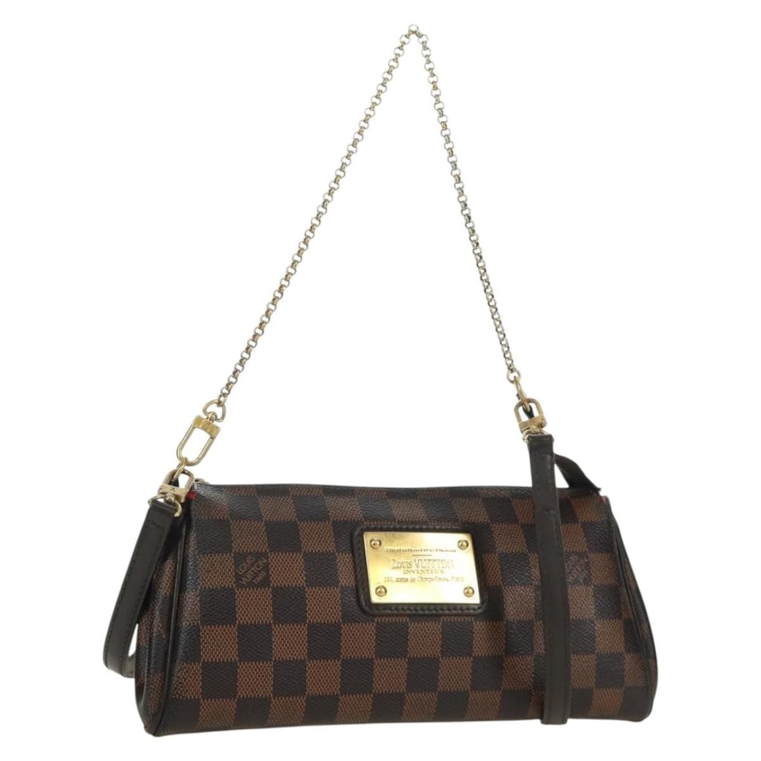 Louis Vuitton Eva Shoulder Bag Damier Ebene Canvas N55213 With Strap: Louis Vuitton Eva Shoulder Bag Damier Ebene Canvas N55213 With Strap This is a Louis Vuitton Damier Ebene Eva shoulder bag, crafted from Damier Ebene canvas. The bag features a compact design with a d