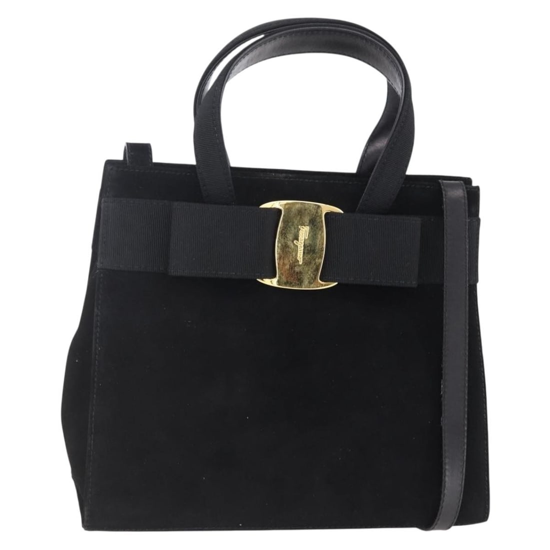 Salvatore Ferragamo Vala Black Gold Suede Hand Bag 2way Italy Auth (1 of 18)