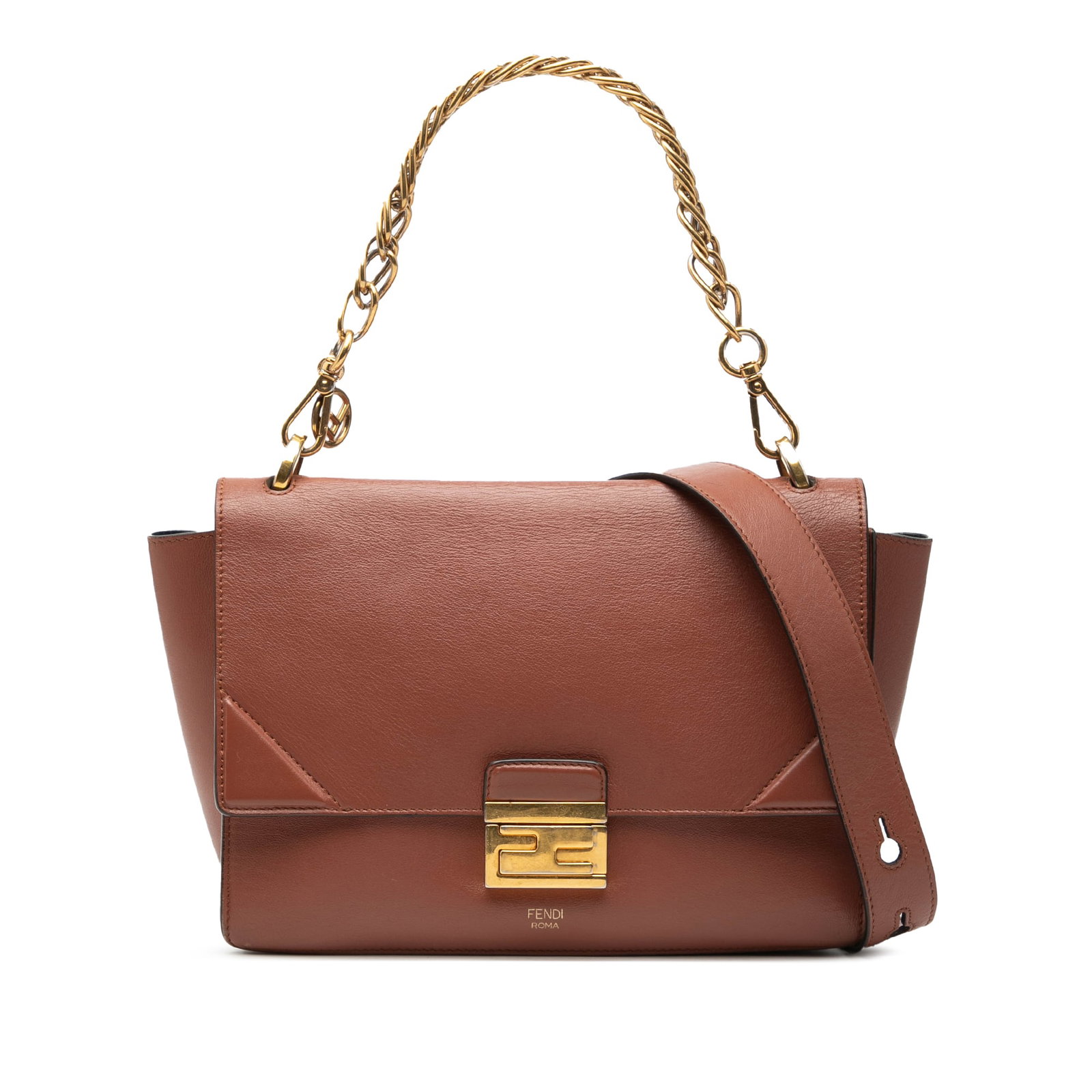 Fendi Kan U Brown Leather Satchel with Chain Handle and Flap Closure (1 of 8)