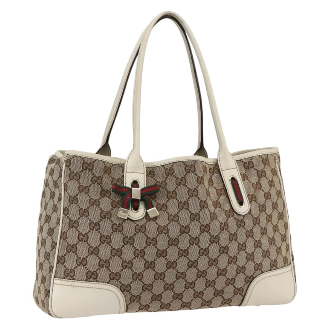 Beige Gold GG Canvas Sherry Web Tote Bag by Gucci 163805: Beige Gold GG Canvas Sherry Web Tote Bag by Gucci 163805 This is a Gucci GG Canvas Web Sherry Line tote bag in beige and gold tones. Crafted in Italy, the tote features the classic GG canvas exterior