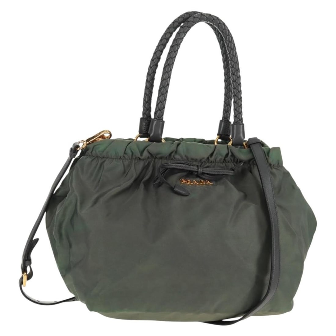 Prada Khaki Nylon Convertible Handbag with Gold Tone Hardware and Strap: Prada Khaki Nylon Convertible Handbag with Gold Tone Hardware and Strap This Prada 2-way handbag is crafted from khaki nylon with gold-tone accents. It features both a top handle and a detachable shou