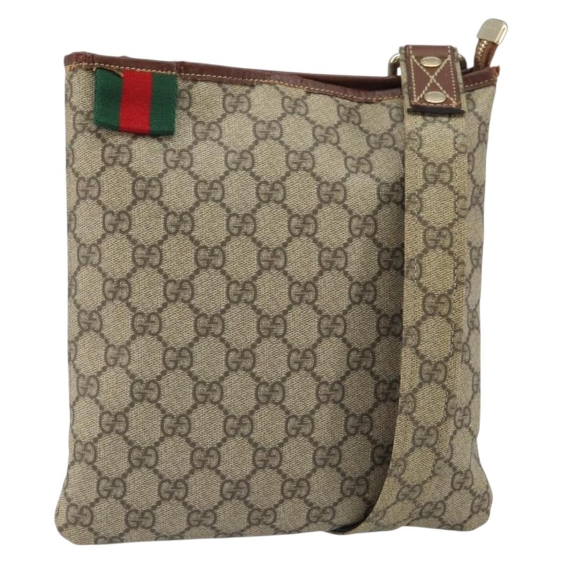 Beige Gold GG Supreme Web Shoulder Bag by Gucci PVC Leather 246413: Beige Gold GG Supreme Web Shoulder Bag by Gucci PVC Leather 246413 This is a Gucci GG Supreme Web Sherry Line shoulder bag crafted from PVC leather and GG canvas in beige and gold tones. The bag featu