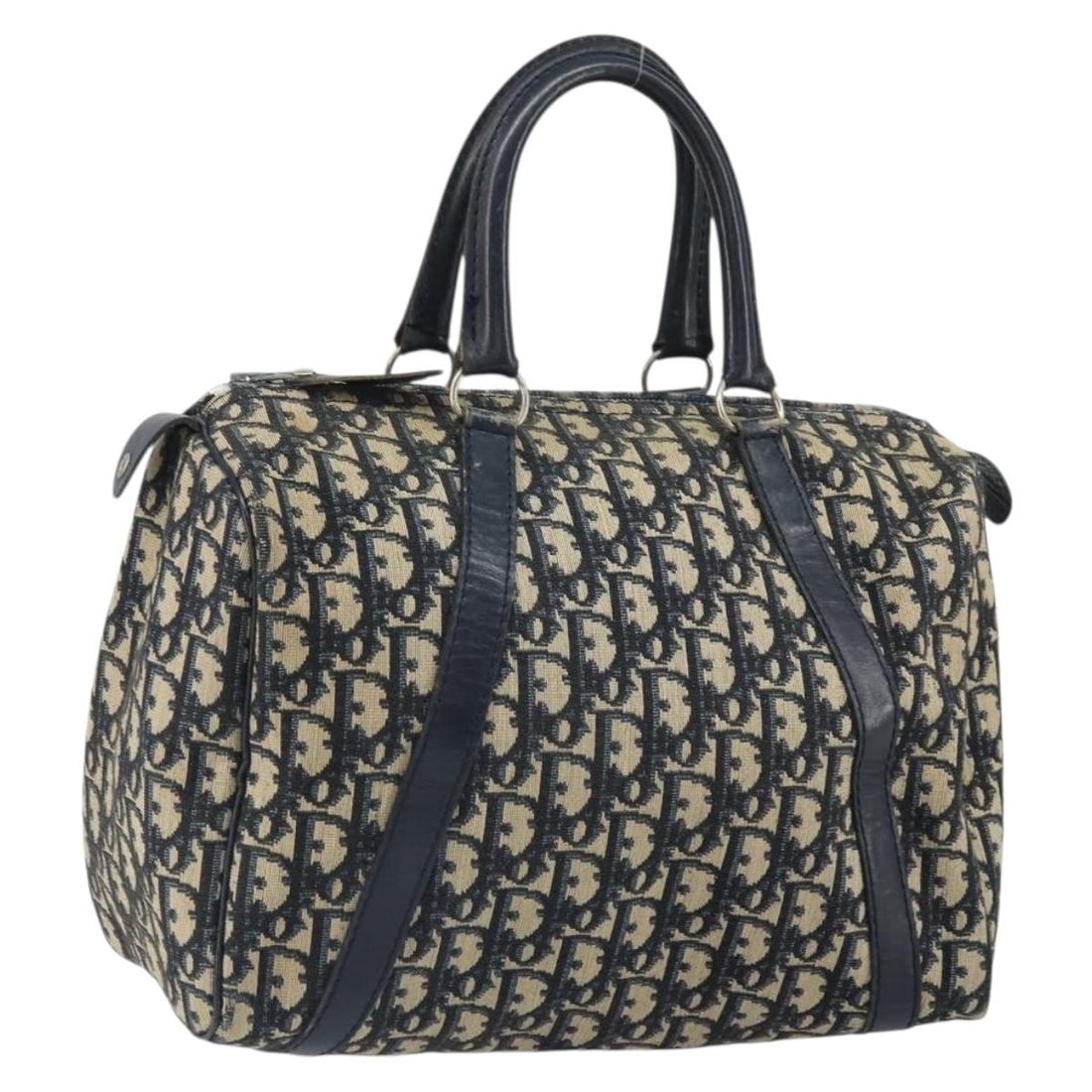 Navy Trotter Canvas Christian Dior Handbag with Silver Accents: Navy Trotter Canvas Christian Dior Handbag with Silver Accents This Christian Dior Trotter Canvas handbag features a classic navy and silver color scheme with the signature Trotter canvas exterior. Cr