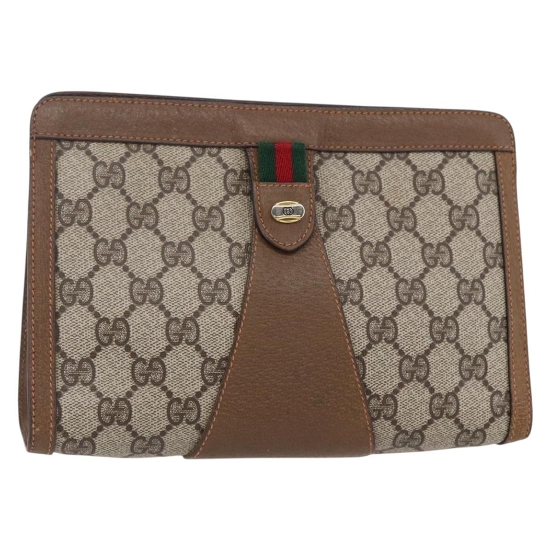 GUCCI GG Supreme Sherry Line Beige Gold Clutch Bag 89 01 032 Auth: GUCCI GG Supreme Sherry Line Beige Gold Clutch Bag 89 01 032 Auth Introducing the GUCCI GG Supreme Web Sherry Line Bag, a stylish clutch crafted from durable PVC leather in an elegant beige and gold c