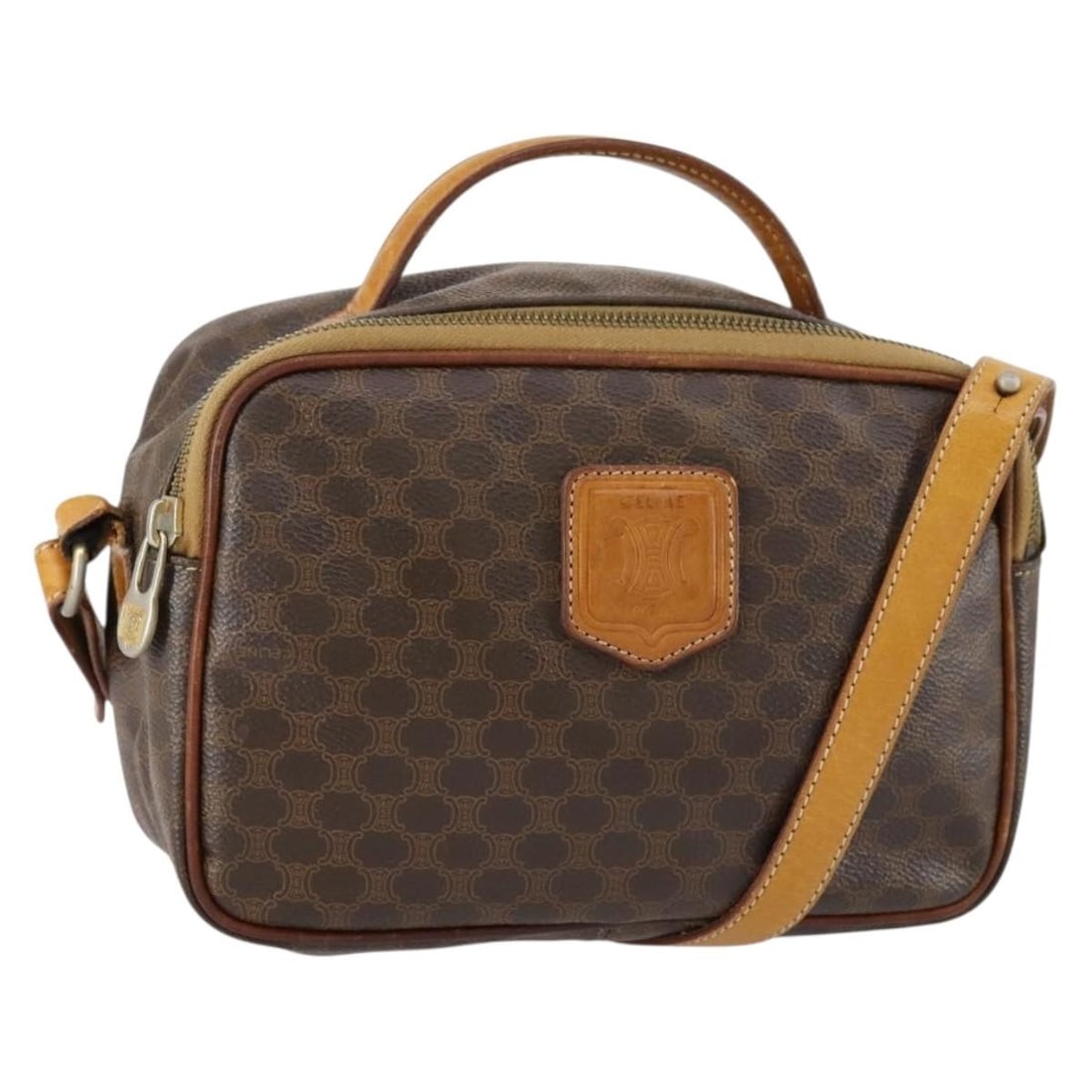 CELINE Macadam Canvas Hand Bag Brown Gold PVC Leather 2way Italy Auth: CELINE Macadam Canvas Hand Bag Brown Gold PVC Leather 2way Italy Auth This Celine Macadam Canvas Hand Bag features a luxurious combination of PVC leather and Macadam canvas in a stylish brown and gold
