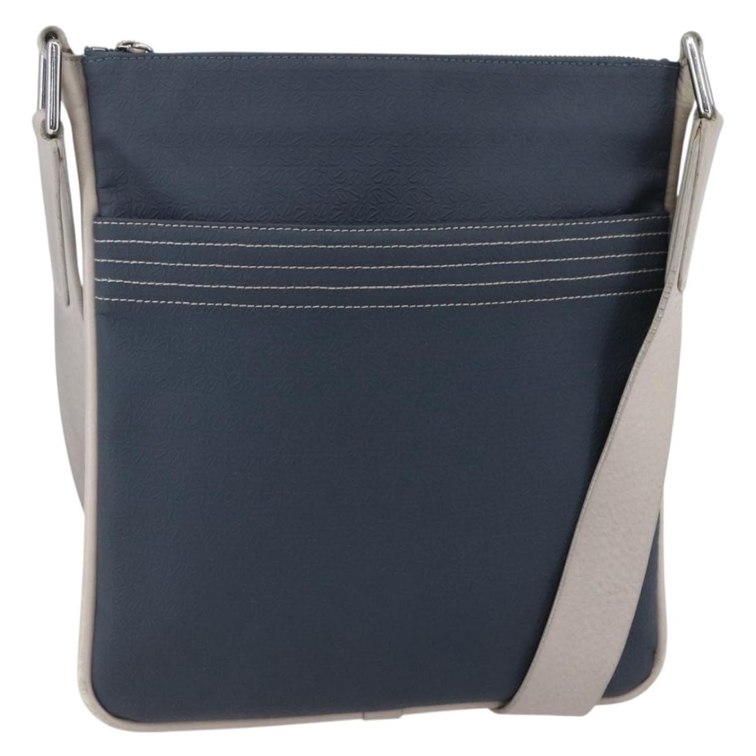 LOEWE Navy Silver PVC Leather Shoulder Bag Authentic: LOEWE Navy Silver PVC Leather Shoulder Bag Authentic Elevate your accessory collection with this LOEWE Anagram Shoulder Bag, crafted from durable PVC leather in a sophisticated navy and silver color s