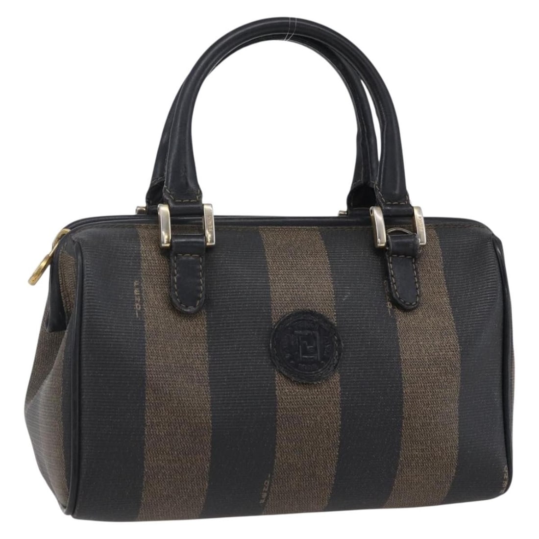 Mini Boston Bag by Fendi in Brown Pequin Canvas and PVC Leather: Mini Boston Bag by Fendi in Brown Pequin Canvas and PVC Leather This FENDI mini Boston bag features a classic Pequin canvas and PVC leather exterior in brown, gold, and black tones. Made in Italy, it