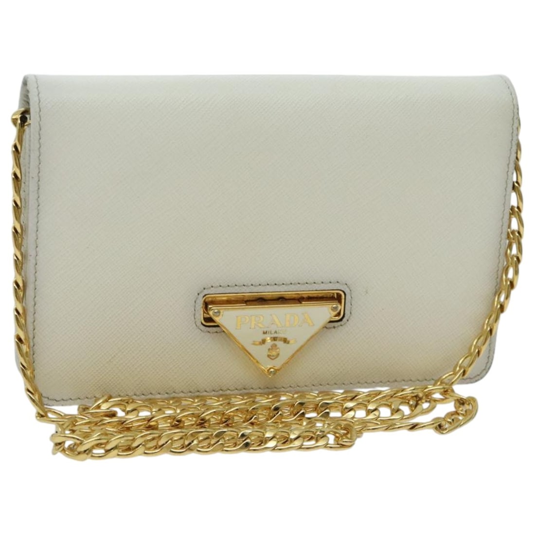 Prada Saffiano Leather White Gold Chain Shoulder Bag with Guarantee Card: Prada Saffiano Leather White Gold Chain Shoulder Bag with Guarantee Card This PRADA chain shoulder bag features luxurious Saffiano leather in a sophisticated white and gold color combination. Designed