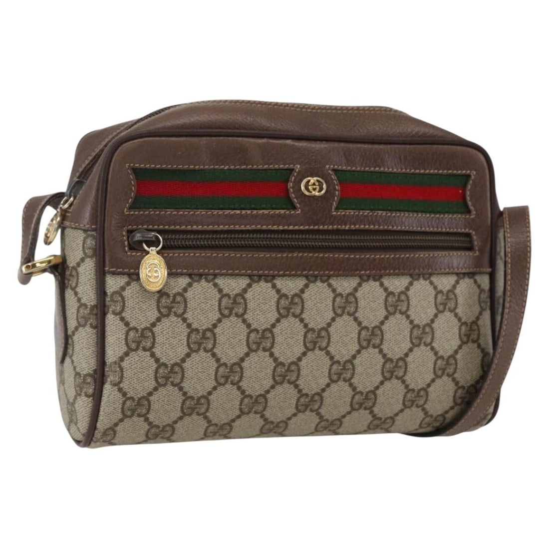 Beige and Gold GG Supreme Web Sherry Shoulder Bag by Gucci 001 44 6655: Beige and Gold GG Supreme Web Sherry Shoulder Bag by Gucci 001 44 6655 This is a GUCCI GG Supreme Web Sherry Line shoulder bag in beige and gold. Crafted from PVC leather and GG canvas, the bag featur