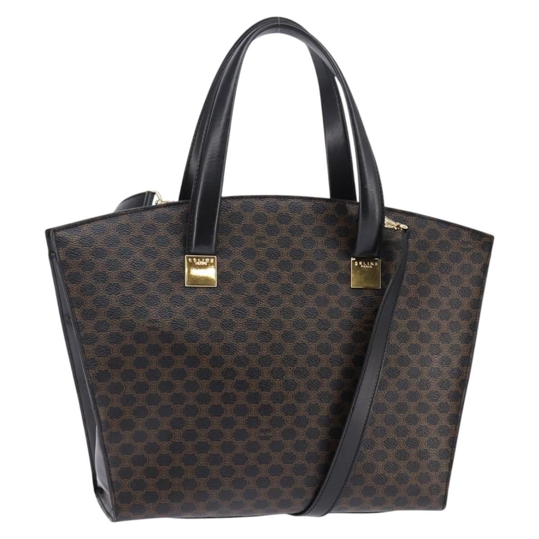 CELINE Macadam Canvas Tote Bag Black Gold PVC Leather Auth 142799: CELINE Macadam Canvas Tote Bag Black Gold PVC Leather Auth 142799 Discover the elegance of the CELINE Macadam Canvas Tote Bag, crafted from durable PVC leather in a striking black and gold combination
