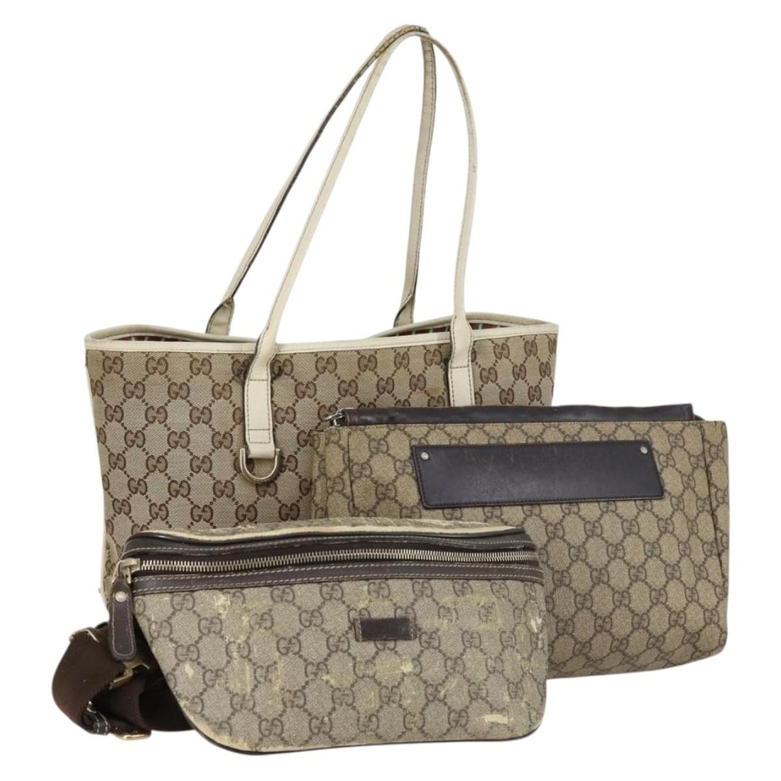 GUCCI GG Supreme Beige Gold PVC Canvas Tote Bag Set of 3 Authentic: GUCCI GG Supreme Beige Gold PVC Canvas Tote Bag Set of 3 Authentic This GUCCI GG Supreme Tote Bag set features a stylish blend of beige and gold colors, crafted from durable PVC leather and GG canvas.