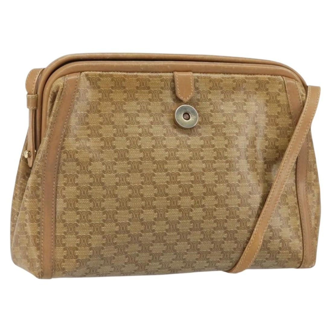 Celine Macadam Beige PVC Leather Shoulder Bag with Gold Tone Details: Celine Macadam Beige PVC Leather Shoulder Bag with Gold Tone Details This is a CELINE Macadam Canvas Shoulder Bag designed for women, crafted from beige and gold PVC leather with signature Macadam can