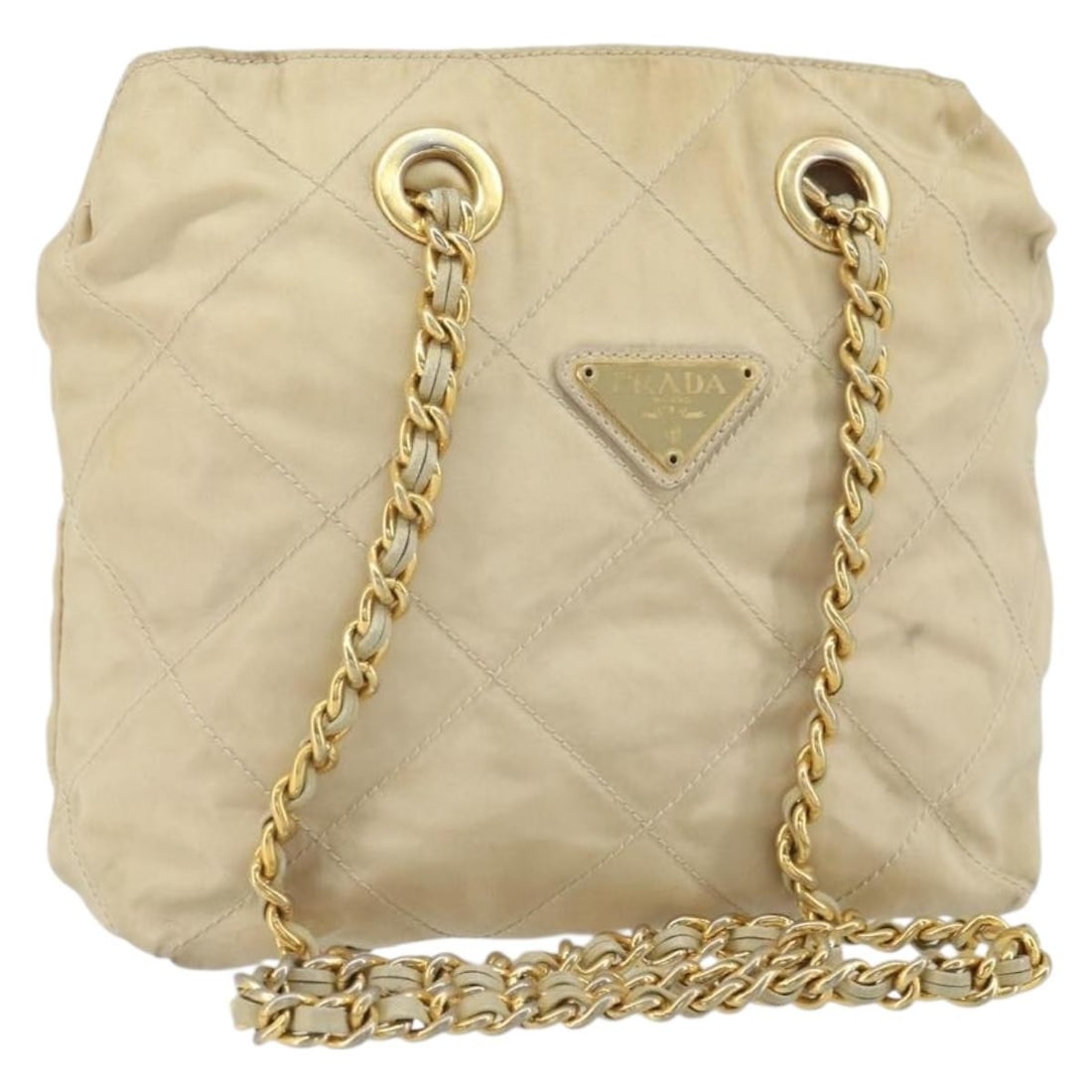 Prada Beige Nylon Shoulder Purse with Gold Chain Strap: Prada Beige Nylon Shoulder Purse with Gold Chain Strap This PRADA women's shoulder bag features a beige and gold nylon exterior with a chain strap. Made in Italy, the bag offers a compact and stylish