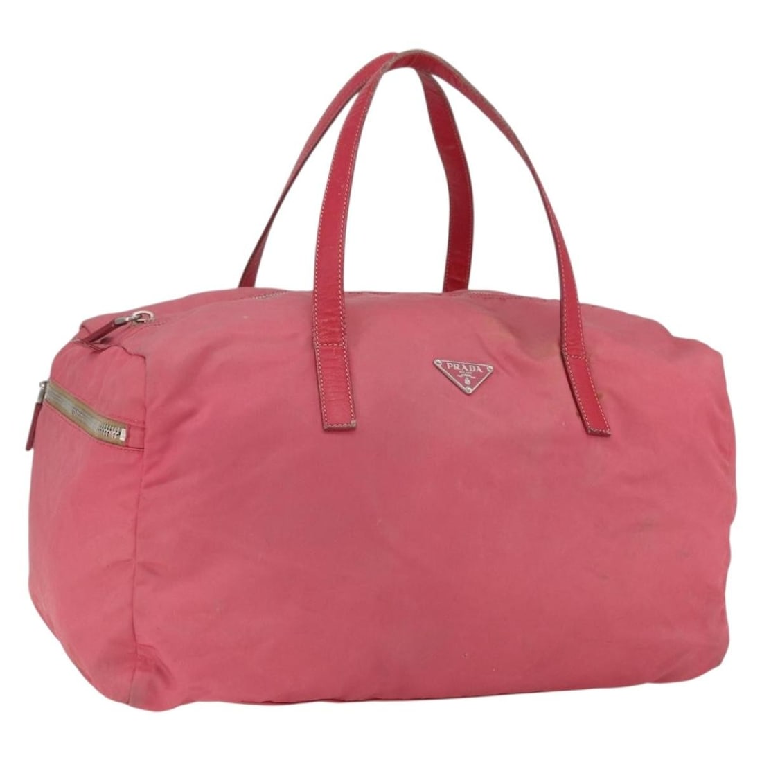 Pink Nylon PRADA Boston Bag with Silver Accents Made in Italy: Pink Nylon PRADA Boston Bag with Silver Accents Made in Italy This PRADA Boston Bag features a pink nylon exterior with silver-tone details and is designed for women. The bag is made in Italy and offe