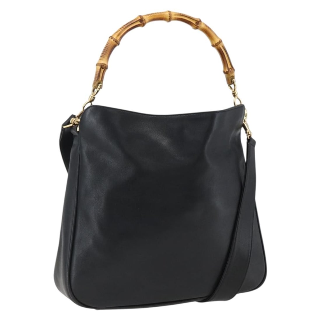 Gucci Bamboo Black Leather Two Way Handbag with Gold Accents Model 001 1638: Gucci Bamboo Black Leather Two Way Handbag with Gold Accents Model 001 1638 This Gucci Bamboo Hand Bag is crafted from black leather with gold-tone accents and features a distinctive bamboo handle. De