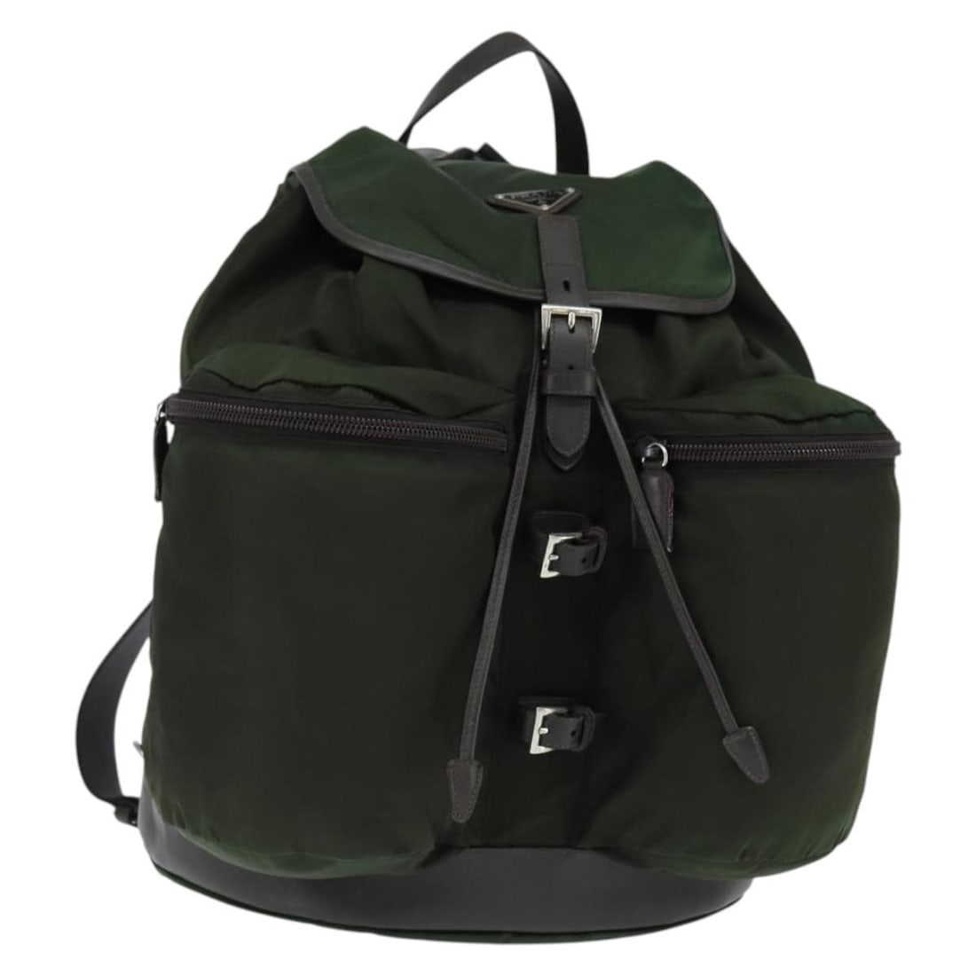 PRADA Khaki Nylon Leather Backpack with Guarantee Card: PRADA Khaki Nylon Leather Backpack with Guarantee Card This PRADA backpack combines functionality with high-end fashion, crafted from durable khaki nylon. Designed for everyday use, it features a spac