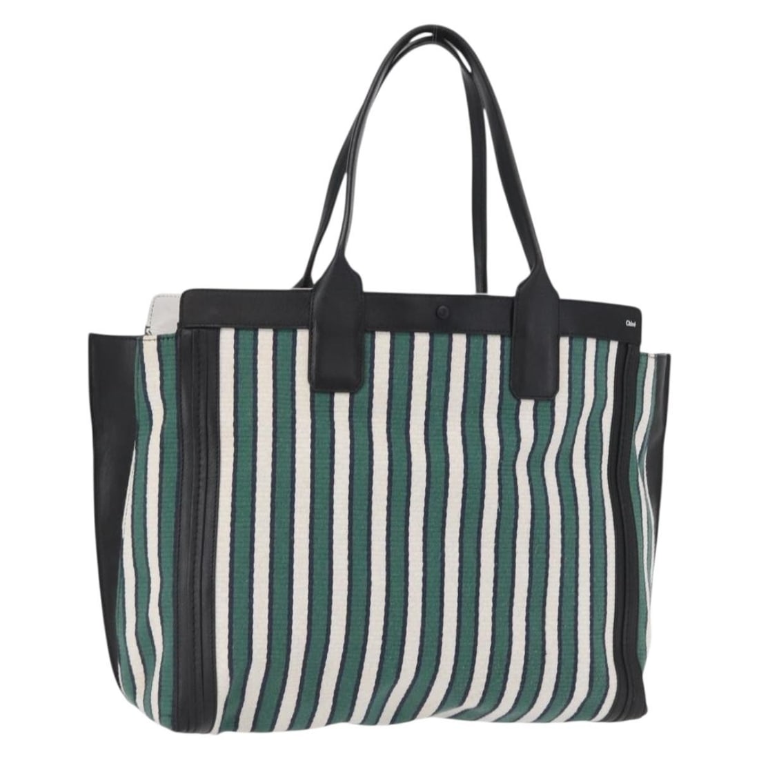 Chloe Green and Gold Canvas Tote Bag with 8.3 Inch Handle Drop: Chloe Green and Gold Canvas Tote Bag with 8.3 Inch Handle Drop This Chloe tote bag features a green and gold canvas exterior with gold-tone accents. The bag offers a spacious interior and includes a h