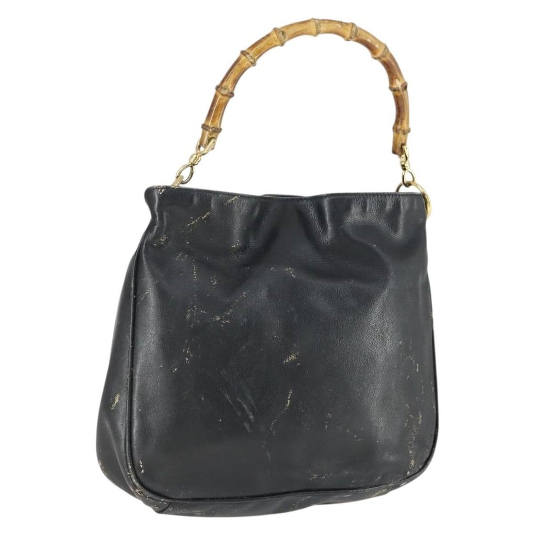 Gucci Bamboo Black Leather Handbag with Gold Accents Italy: Gucci Bamboo Black Leather Handbag with Gold Accents Italy This Gucci Bamboo handbag is crafted from black leather with gold accents. Designed for women, it features a distinctive bamboo handle and is