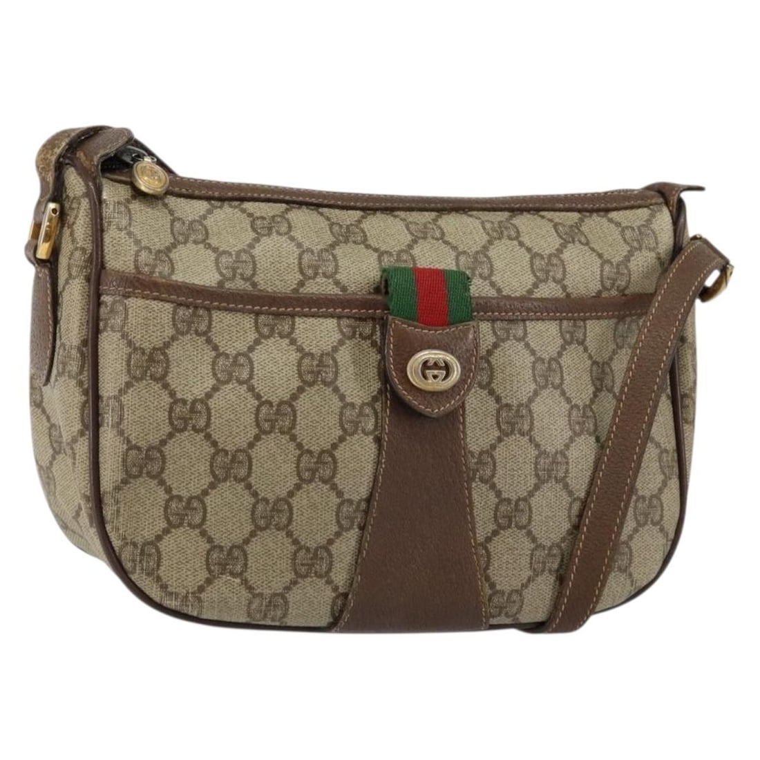 GUCCI GG Supreme Web Sherry Line Beige Shoulder Bag PVC Auth 89 02 032: GUCCI GG Supreme Web Sherry Line Beige Shoulder Bag PVC Auth 89 02 032 This GUCCI GG Supreme Web Sherry Line Shoulder Bag is a stylish accessory made from durable PVC leather in a chic beige and gold