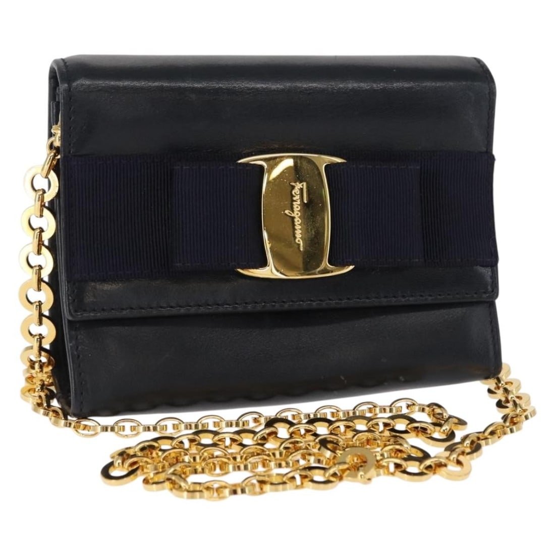 Salvatore Ferragamo Navy Leather Shoulder Bag Gold Accents Auth (1 of 18)