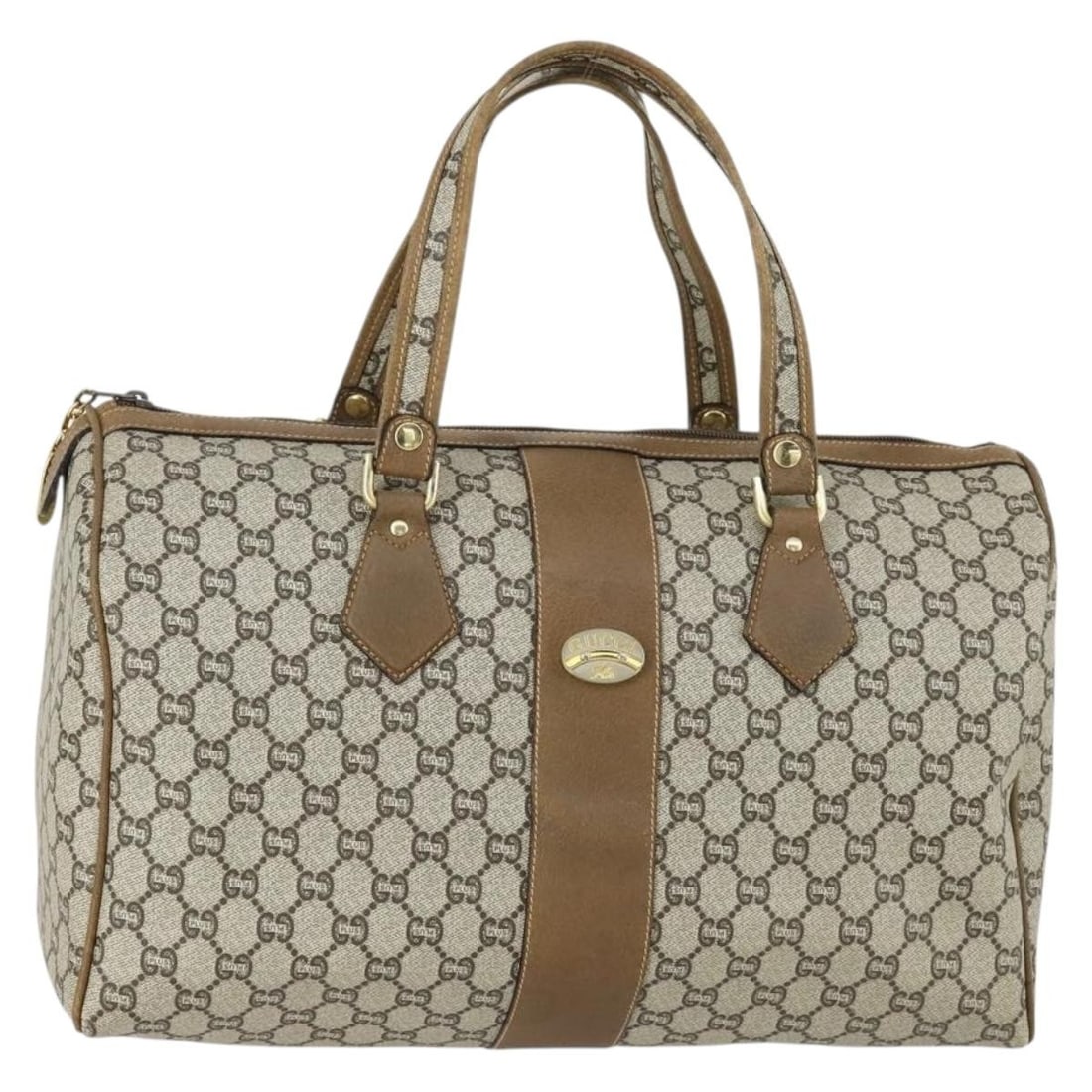 GUCCI GG Plus Supreme Beige Gold Boston Bag PVC Auth 151625: GUCCI GG Plus Supreme Beige Gold Boston Bag PVC Auth 151625 This authentic GUCCI GG Plus Supreme Boston Bag is a stylish addition to any collection. Crafted in Italy, this bag features a durable PVC l