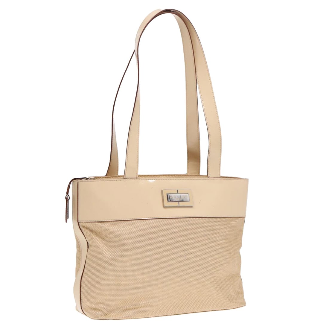 Celine Beige and Silver Canvas Leather Tote Handbag from Italy: Celine Beige and Silver Canvas Leather Tote Handbag from Italy This CELINE women's tote bag features a beige and silver canvas exterior with leather accents. The bag includes dual handles and offers a