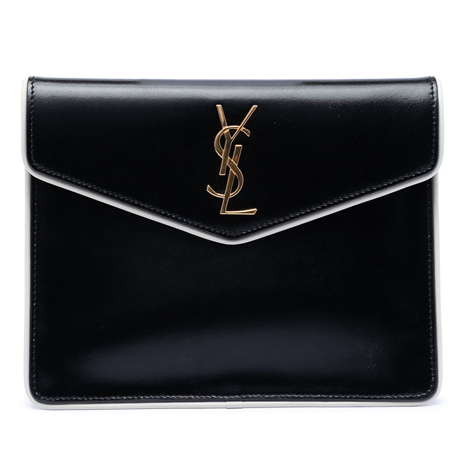 Saint Laurent Uptown Black Leather Monogram Baby Pouch Clutch: Saint Laurent Uptown Black Leather Monogram Baby Pouch Clutch This Saint Laurent Baby Smooth Shiny Calfskin Monogram Uptown Pouch features a sleek leather exterior in black with a flap and magnetic sn