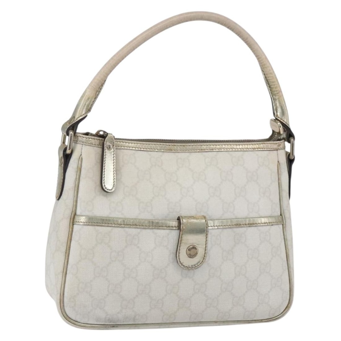 GUCCI GG Supreme Shoulder Bag PVC White Gold 190258 Authentic Italy: GUCCI GG Supreme Shoulder Bag PVC White Gold 190258 Authentic Italy This GUCCI GG Supreme Shoulder Bag is a stylish accessory crafted from durable PVC leather in a chic white and gold color scheme. Wi