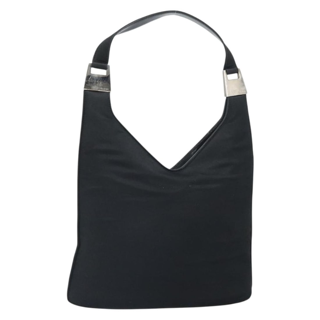 Black Nylon GUCCI 001 3010 Shoulder Bag with Silver Accents: Black Nylon GUCCI 001 3010 Shoulder Bag with Silver Accents This is a GUCCI shoulder bag crafted from black nylon with silver-tone accents. The bag features a spacious interior and a comfortable strap