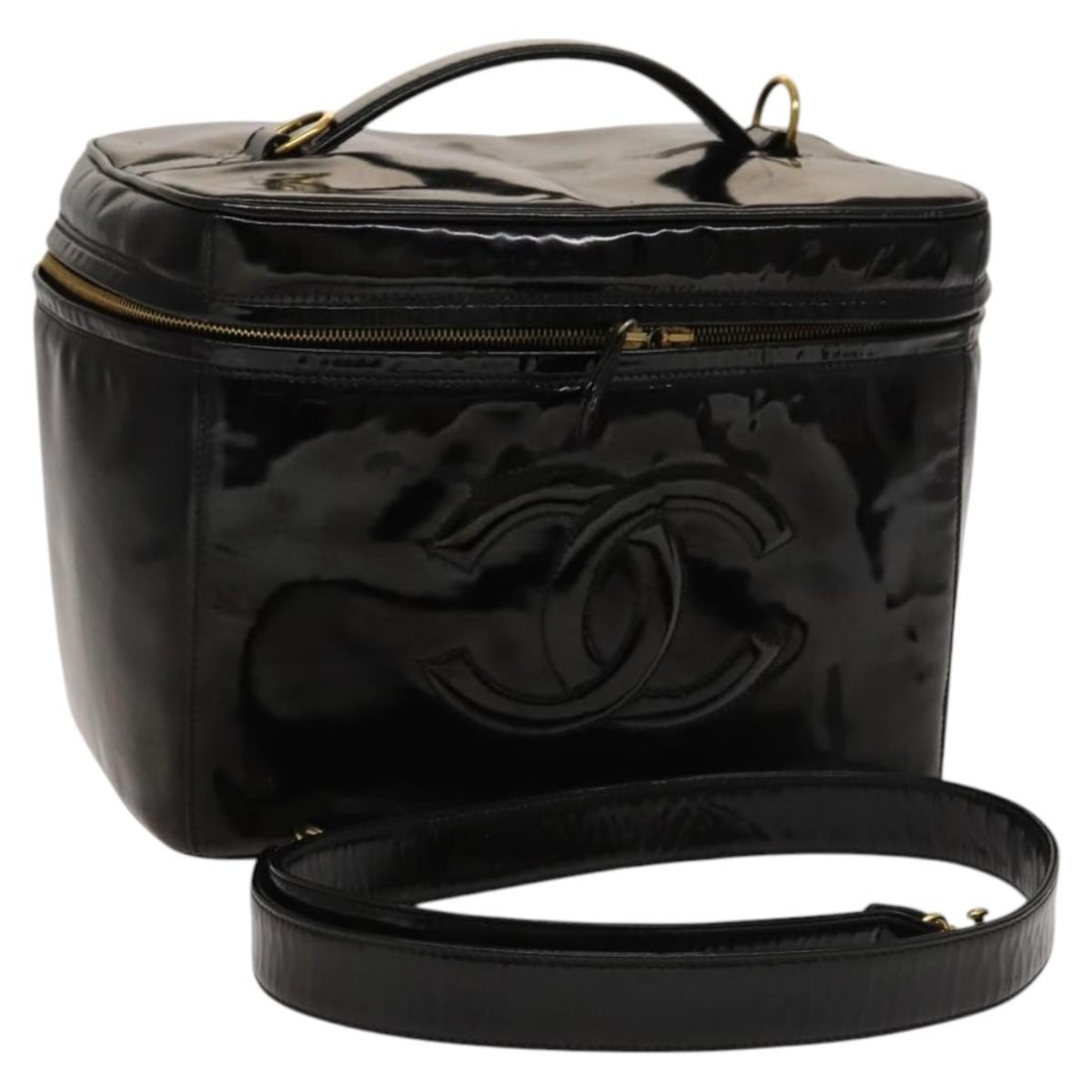 Black Patent Leather Vanity Pouch with Gold CC by CHANEL 2way Italy: Black Patent Leather Vanity Pouch with Gold CC by CHANEL 2way Italy This CHANEL vanity pouch features a 2-way design crafted from black patent leather with gold-tone accents. Made in Italy, it offers