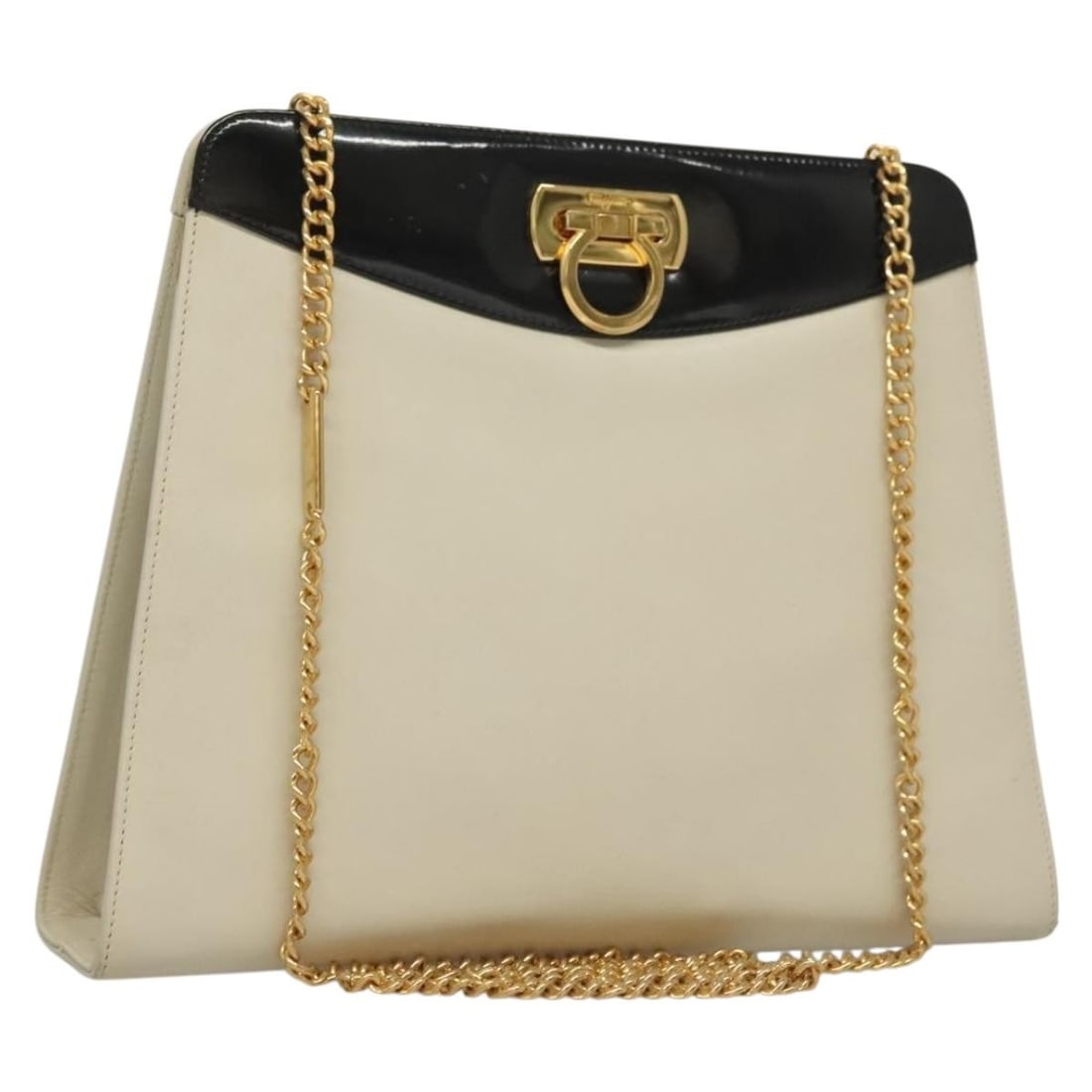 Salvatore Ferragamo White Gold Chain Gancini Shoulder Bag Leather Authentic (1 of 18)