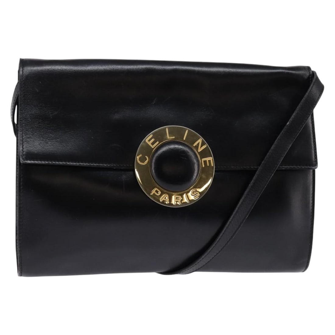 CELINE Black Gold Circle Shoulder Bag Leather Auth Italy: CELINE Black Gold Circle Shoulder Bag Leather Auth Italy Elevate your style with this authentic CELINE Circle Shoulder Bag crafted from luxurious black leather with gold accents. This chic shoulder ba