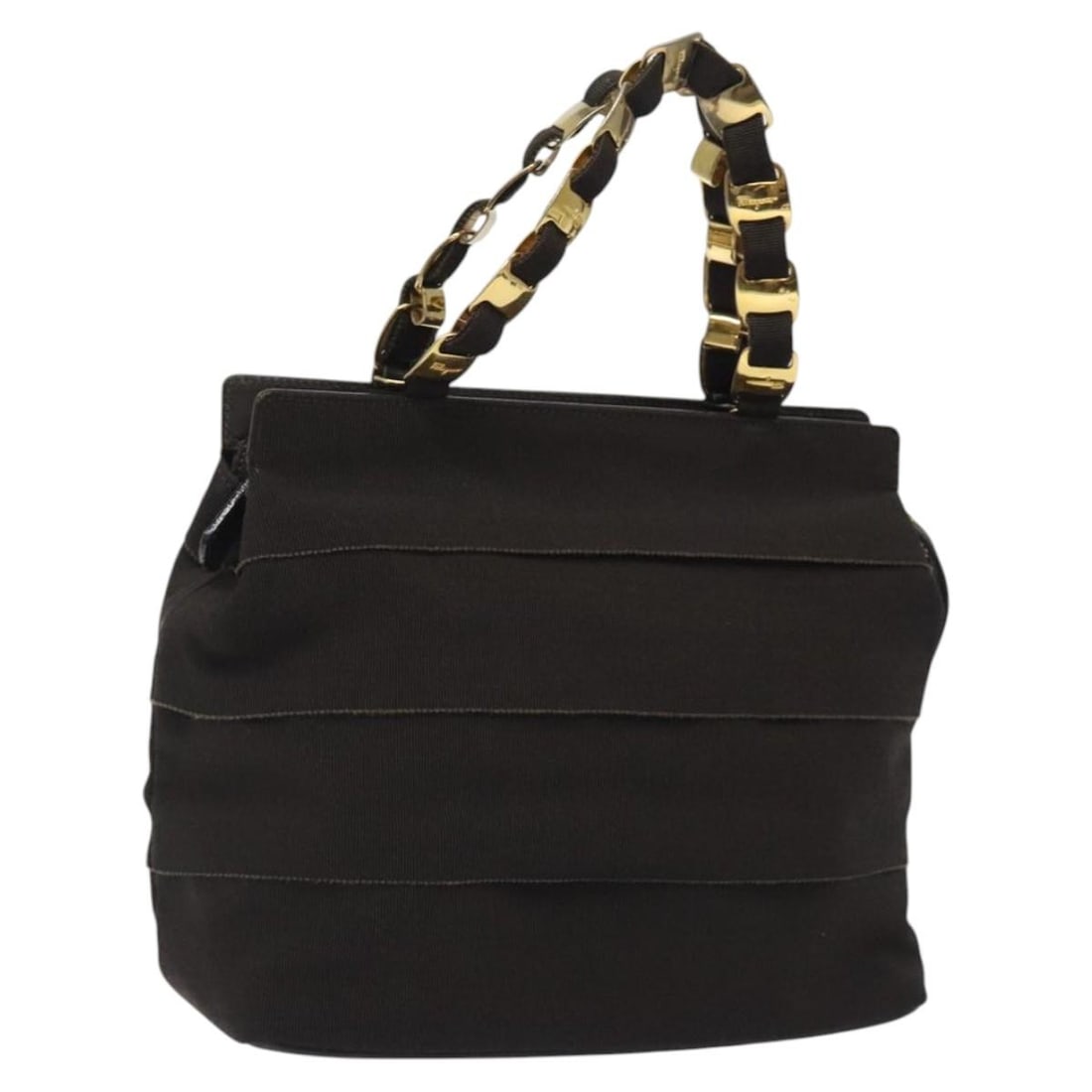 Salvatore Ferragamo Vala Canvas Handbag Dark Brown Gold Tone Italy: Salvatore Ferragamo Vala Canvas Handbag Dark Brown Gold Tone Italy This Salvatore Ferragamo Vala handbag is crafted from dark brown canvas with gold-tone accents. Designed for women, the bag features