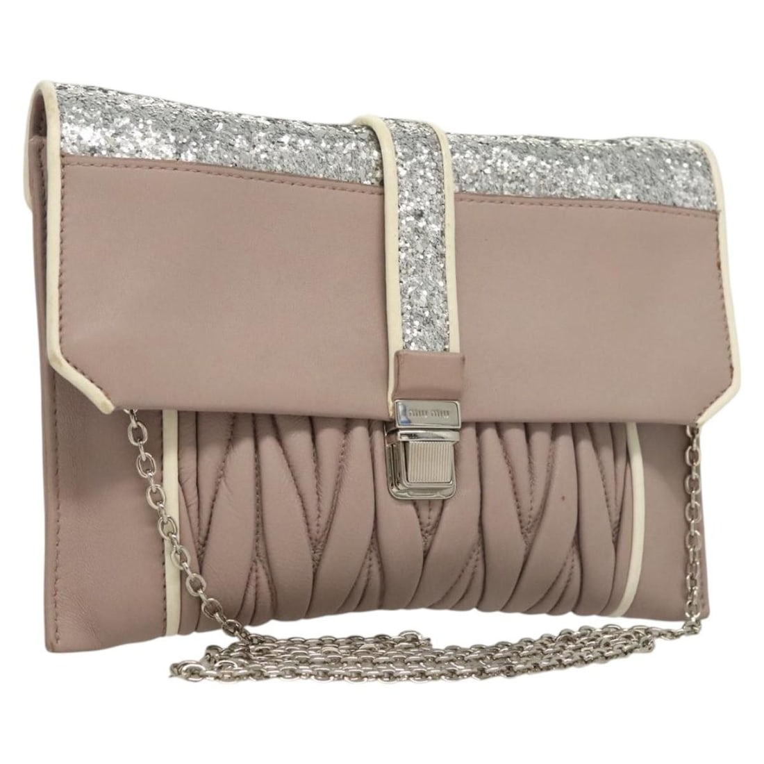 Pink Leather Matelasse Shoulder Bag by Miu Miu with Chain Strap: Pink Leather Matelasse Shoulder Bag by Miu Miu with Chain Strap This is a Miu Miu Matelasse shoulder bag crafted from pink leather. Designed for women, it features a chain strap with a 22.0-inch (56 c