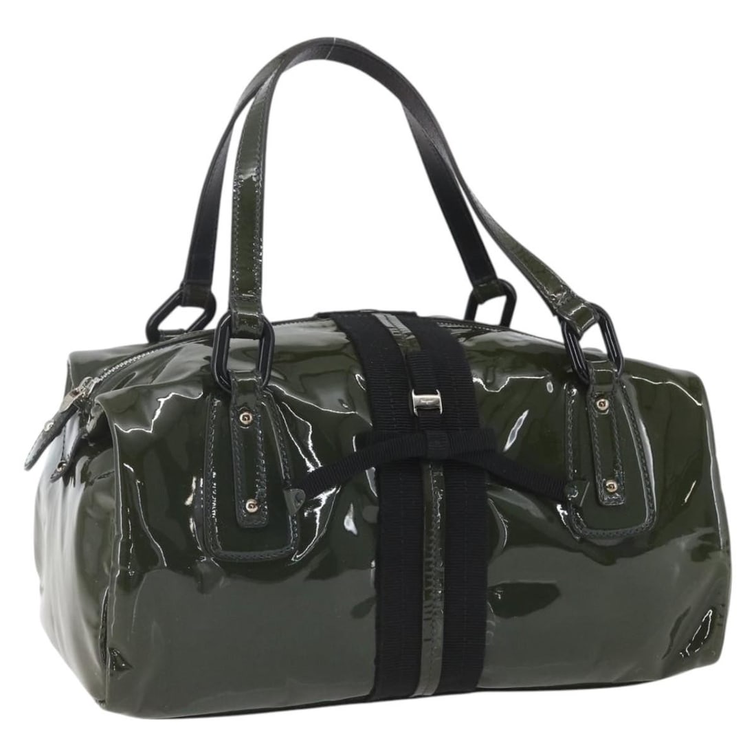 Salvatore Ferragamo Patent Leather Khaki Silver Women's Handbag Italy: Salvatore Ferragamo Patent Leather Khaki Silver Women's Handbag Italy This Salvatore Ferragamo hand bag features khaki patent leather with silver-tone accents. Designed for women, the bag is made in I