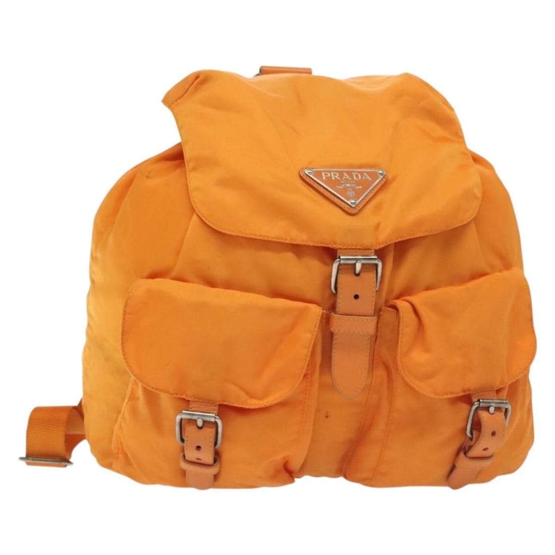 PRADA Orange Silver Nylon Backpack Made in Italy: PRADA Orange Silver Nylon Backpack Made in Italy This PRADA backpack combines stylish design with practical functionality. Crafted in Italy from durable nylon, it features a striking orange and silver