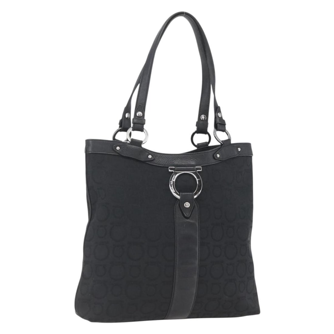 Canvas Black and Silver Salvatore Ferragamo Tote Bag from Italy: Canvas Black and Silver Salvatore Ferragamo Tote Bag from Italy This Salvatore Ferragamo tote bag features a black and silver canvas exterior with silver-tone accents. The bag is of Italian origin and