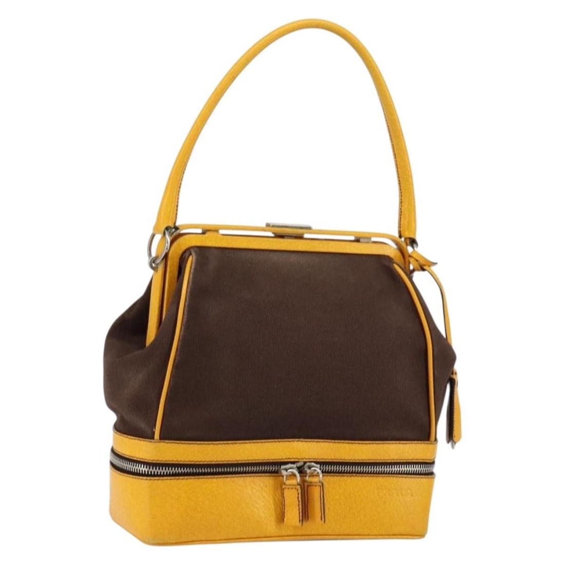 PRADA Yellow Brown Canvas Hand Bag Authentic 154533: PRADA Yellow Brown Canvas Hand Bag Authentic 154533 This PRADA Hand Bag showcases a stylish combination of yellow and brown canvas, crafted in Italy. The bag features a spacious interior and practical