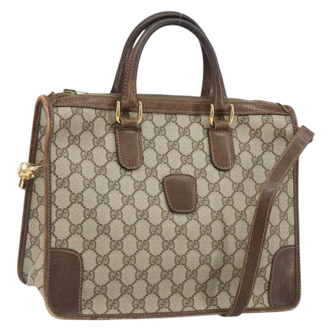 GUCCI GG Supreme Sherry Line Beige Gold PVC Canvas Handbag 2way: GUCCI GG Supreme Sherry Line Beige Gold PVC Canvas Handbag 2way This Gucci GG Supreme Sherry Line handbag is crafted from PVC leather and GG canvas in beige and gold tones. Designed as a 2-way bag, it