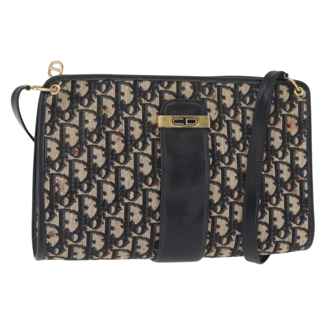 Christian Dior Navy Gold Trotter Canvas Shoulder Bag Auth (1 of 18)