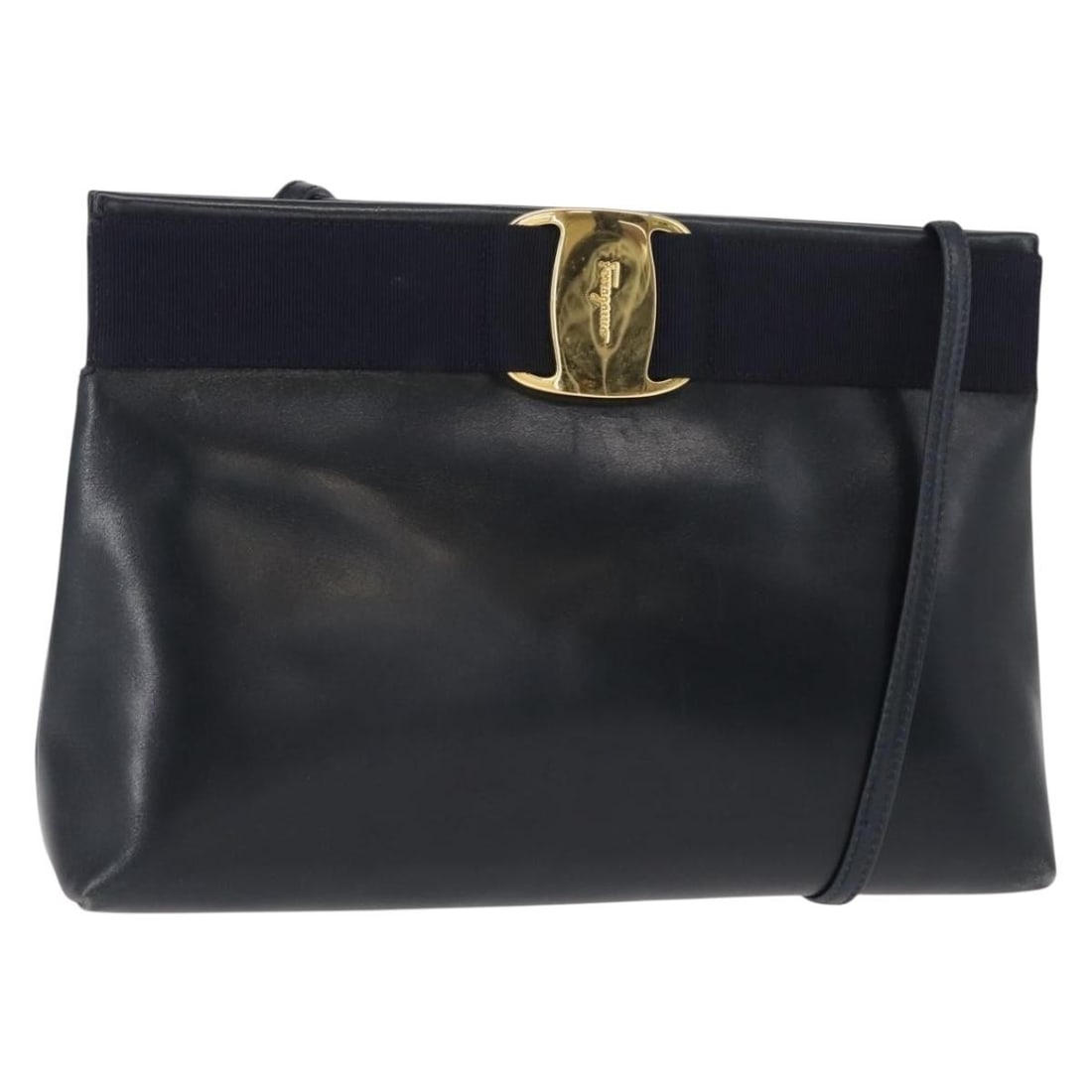 Salvatore Ferragamo Vala Navy Gold Leather Shoulder Bag Auth Italy (1 of 18)