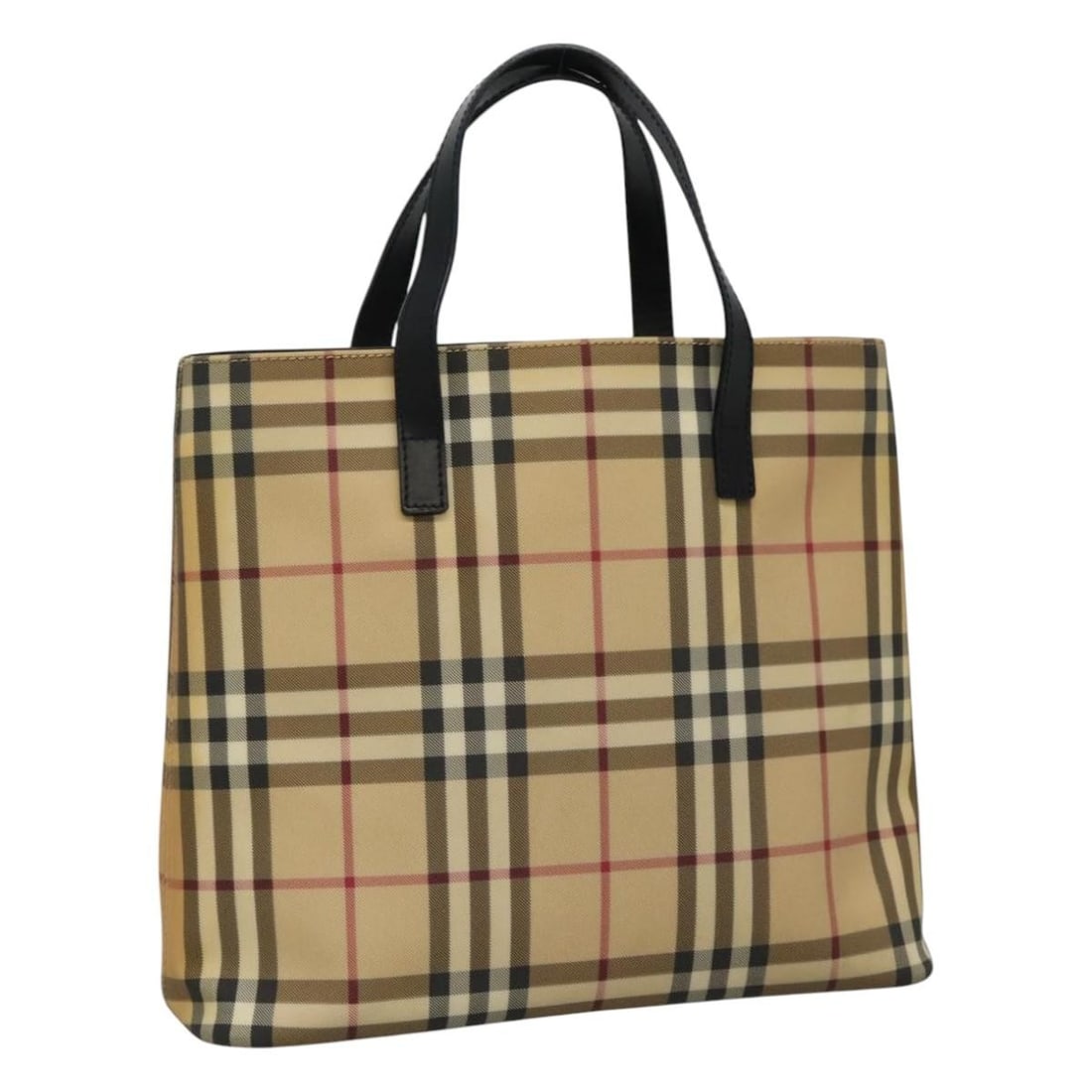 Beige and Black PVC Leather Nova Check Tote by Burberry: Beige and Black PVC Leather Nova Check Tote by Burberry This Burberry Nova Check tote bag features the iconic beige and black check pattern crafted from durable PVC leather. Designed for women, it off