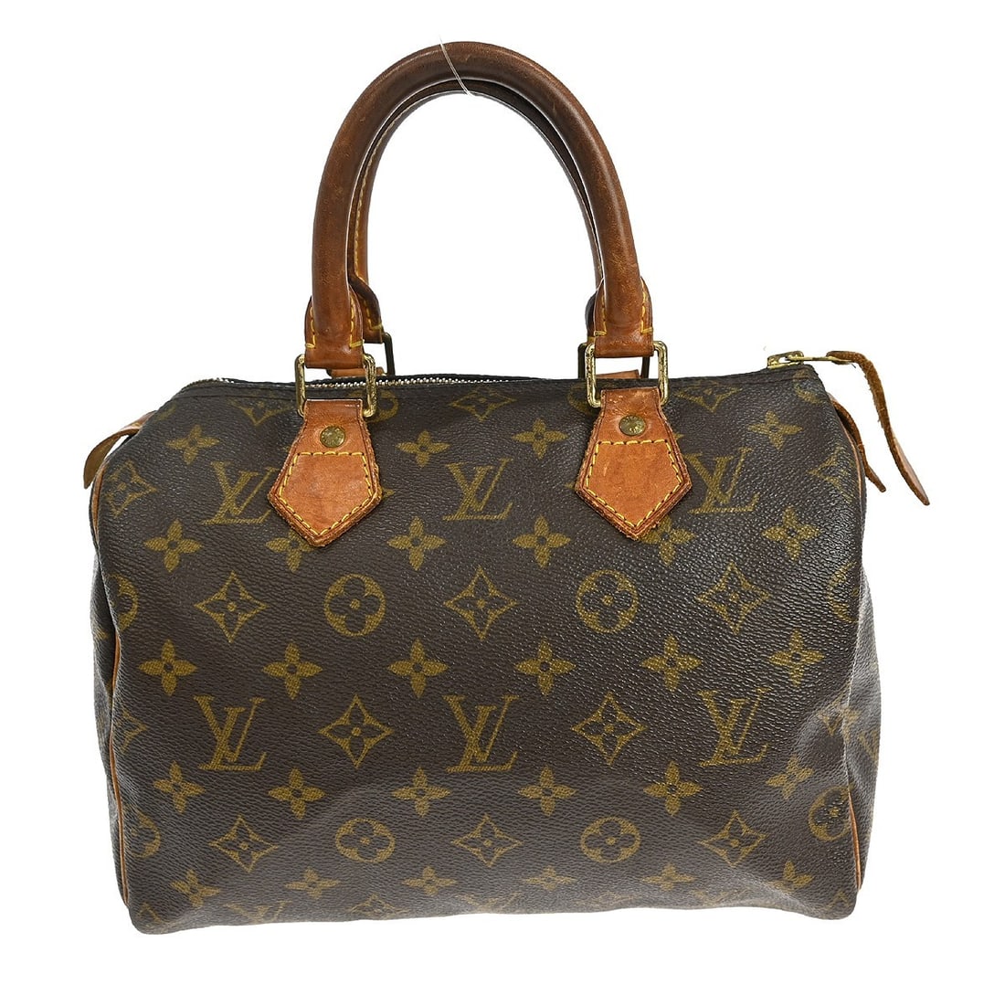 Louis Vuitton Speedy 25 Monogram Canvas Small Brown Duffle Bag: Louis Vuitton Speedy 25 Monogram Canvas Small Brown Duffle Bag This is a Louis Vuitton Speedy 25 handbag in the classic Monogram canvas design. Featuring double beige leather handles, a zip closure, a