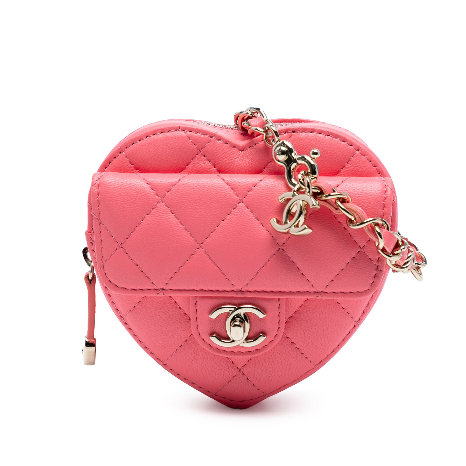 Chanel Pink Mini Heart CC Quilted Lambskin Crossbody Bag: Chanel Pink Mini Heart CC Quilted Lambskin Crossbody Bag This Chanel Mini Lambskin CC in Love Heart Crossbody bag features a quilted lambskin leather body, a leather-woven chain shoulder strap, a top