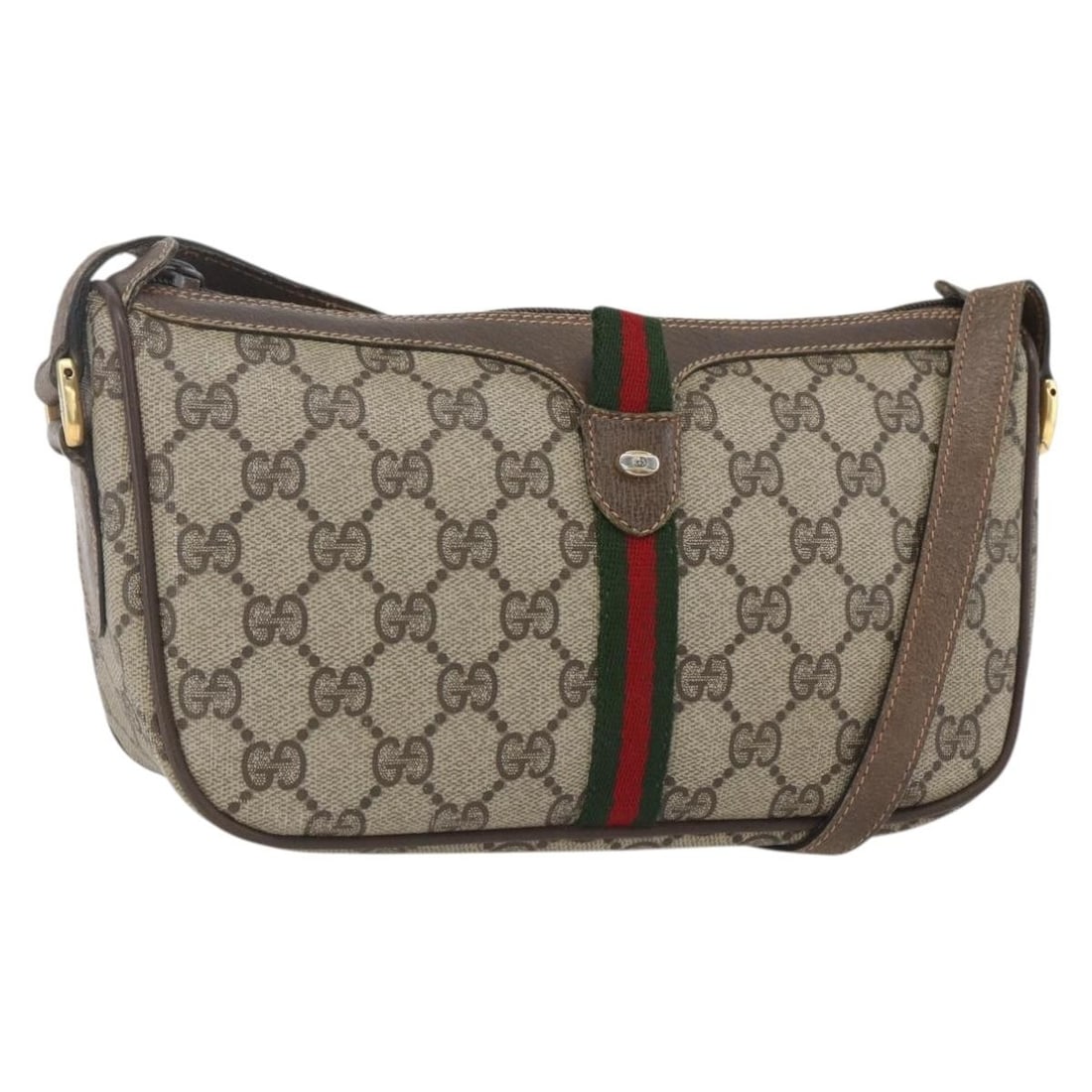 Beige GG Supreme Web Sherry Line Shoulder Bag by Gucci PVC Leather: Beige GG Supreme Web Sherry Line Shoulder Bag by Gucci PVC Leather This Gucci GG Supreme Web Sherry Line shoulder bag features beige and gold PVC leather with GG canvas accents. Designed with a classi