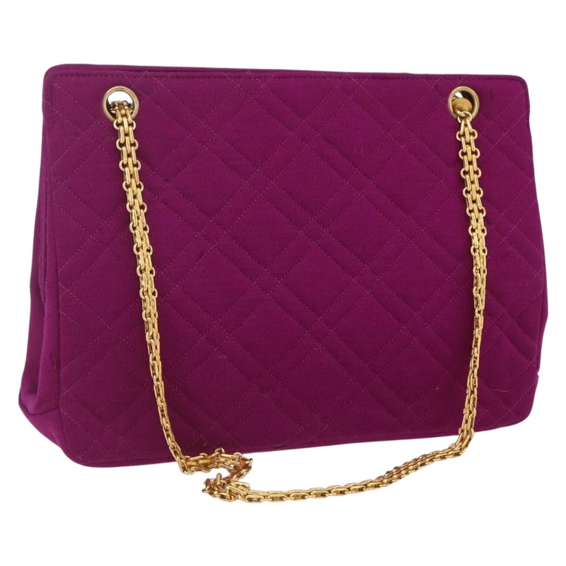 Purple Cotton Matelasse Shoulder Bag with Chain by Chanel: Purple Cotton Matelasse Shoulder Bag with Chain by Chanel This is a CHANEL Matelasse chain shoulder bag crafted from cotton in a striking purple and gold color combination. The bag features a classic