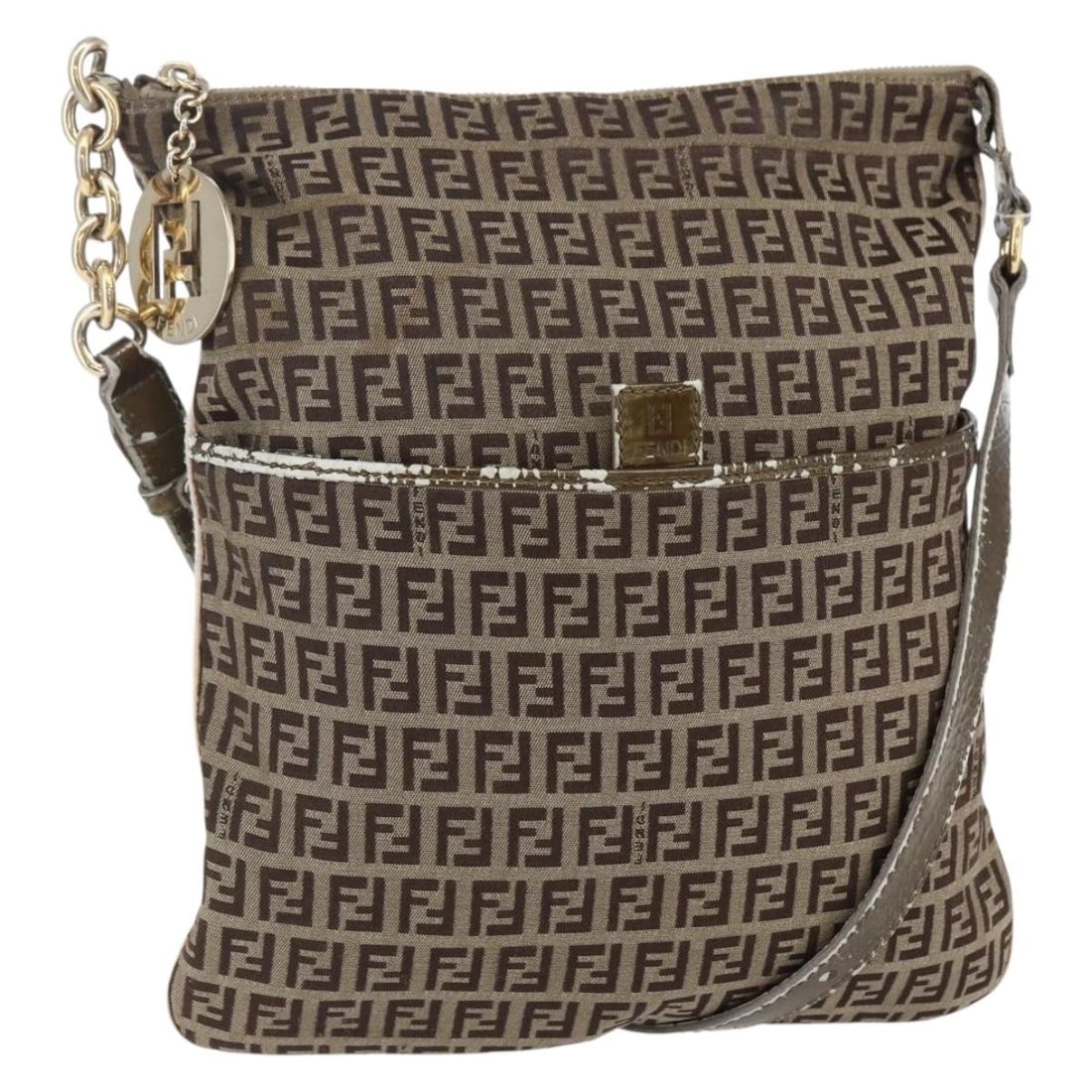 FENDI Zucchino Canvas Shoulder Bag Beige Gold Auth 152382: FENDI Zucchino Canvas Shoulder Bag Beige Gold Auth 152382 This Fendi Zucchino Canvas Shoulder Bag, crafted in Italy, showcases a sophisticated blend of beige and gold tones. Made from durable Zucchino