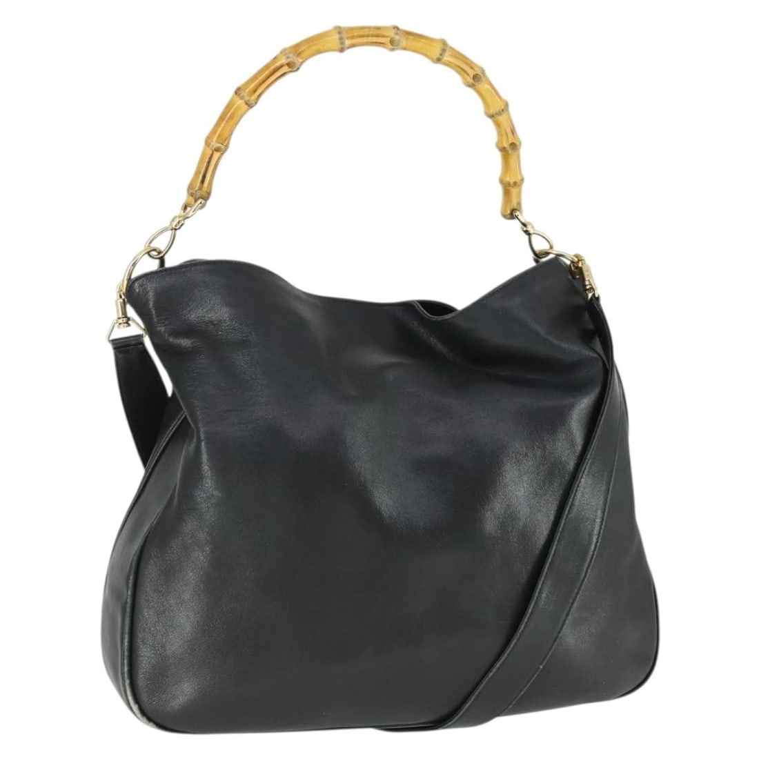 Gucci Bamboo Leather Convertible Shoulder Bag Black Gold Hardware Italy: Gucci Bamboo Leather Convertible Shoulder Bag Black Gold Hardware Italy This GUCCI Bamboo Shoulder Bag features a black leather exterior with gold-tone accents and a two-way design. It is equipped wit